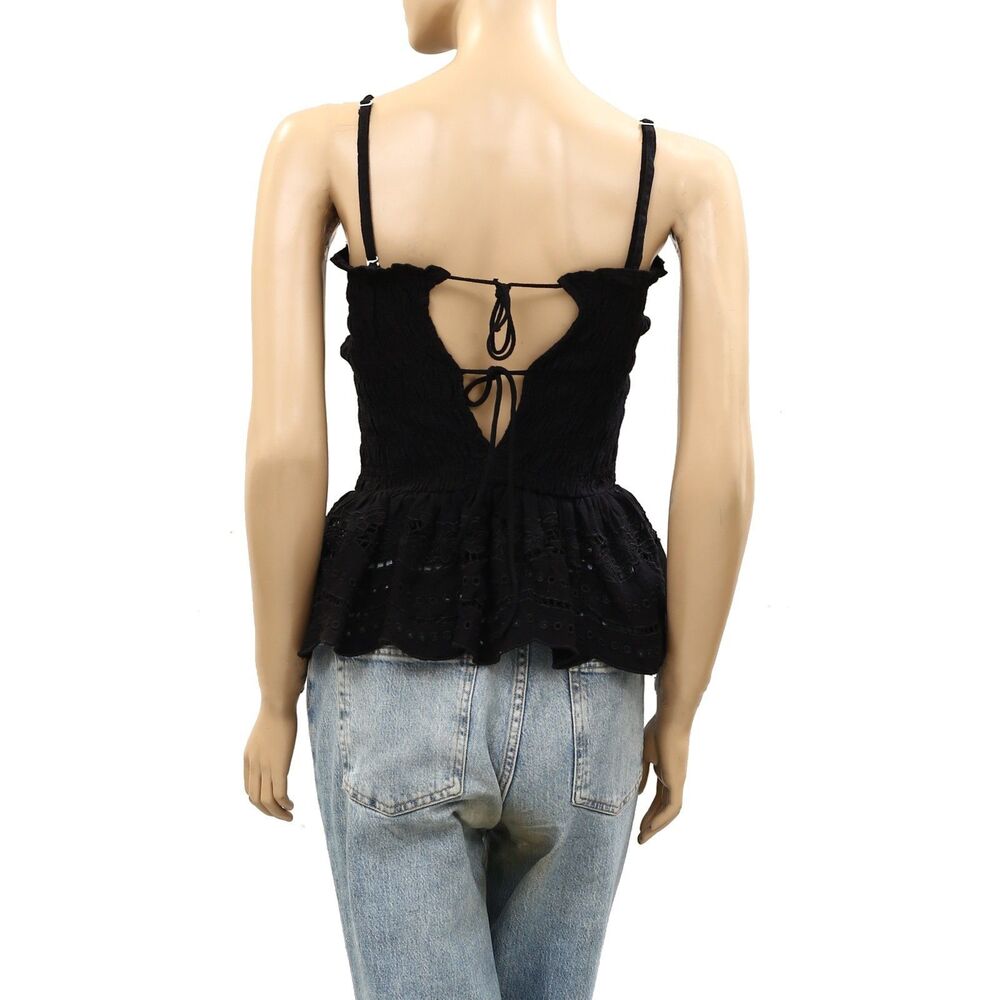 Damson Madder Martina Cami Tank Top Smocked Broderie Cutout Black M-10 287412 - Picture 7 of 9